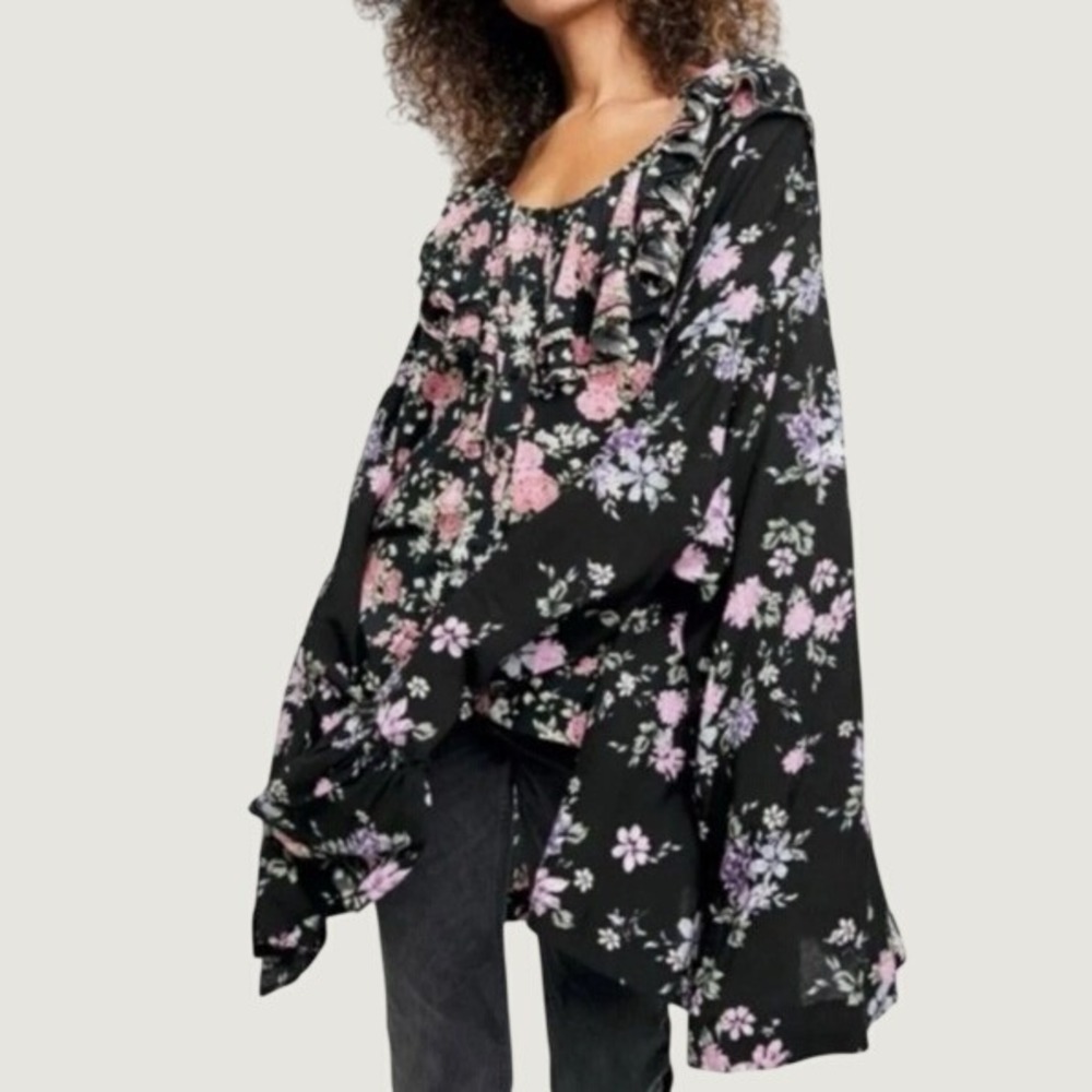 Free People Lorretta Printed Tunic Womens Small Black Oversized Bell Sleeve Boho
